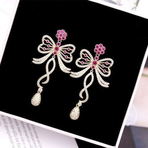 SWOUR New Fashion Jewelry S925 Silver Needle Red Zirconia Bowknot Long Design Dangle Earrings For Woman Bijoux S596