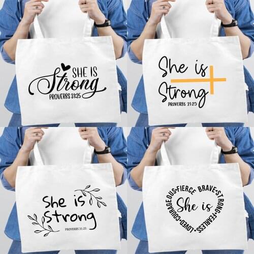 She Is Strong Christian Women Harajuku Zipper Shopping Bags Portable Handbag School Bags Casual Reusable Foldable Travel Bag