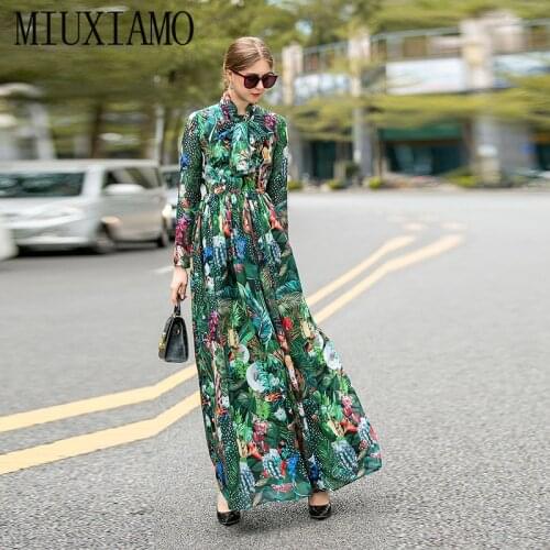 MIUXIMAO High Quality 2020 Spring Maxi Dress New Arrival Flower Print Floor-Length Bow Green Long Dress Women vestidos