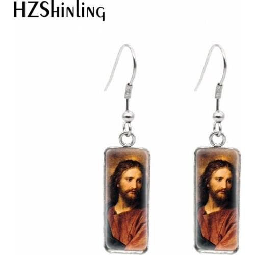 2021 New Painting Of Jesus Christ Rectangular Earring Christian Fish Hook Earrings Glass Cabochon Handmade Jewelry