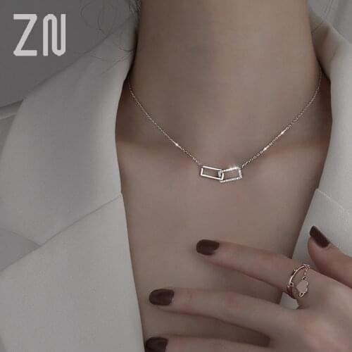 ZN Fashion Trendy Choker Silver Color Shiny Rectangle Double Zircon Circle Zirconia Necklaces Pendants Jewelry Gifts For Girls