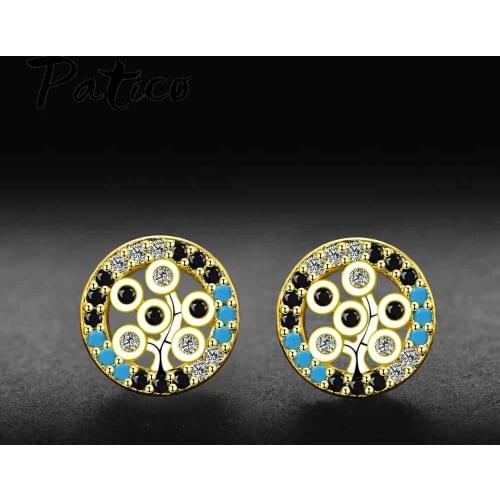 New Lovely Style Stud Earrings For Women 925 Sterling Silver Small Shiny Crystals Full Paved Tree of Life Round Earrings