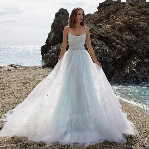 Sparking Spaghetti Straps Wedding Dresses 2021 A Line beaded Tulle Seaside Beach Bridal Gowns Bohemian Vestido De Novia