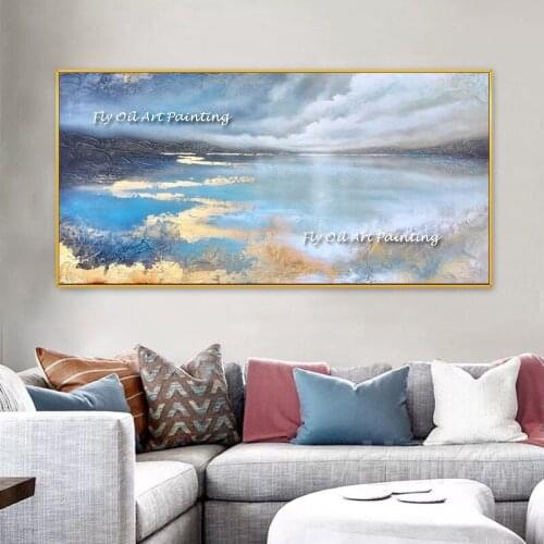 100% Handmade Blue Sky with Ocean Oil Painting Large Gold Foil Canvas Abstract Scenery Poster for Home Porch Room Decoration