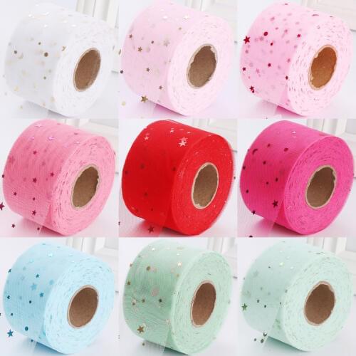 50Yard/roll 5.5cm Tulle Roll Glitter Silver Star and Moon Ribbon DIY Crafts Organza Fabric Tutu Dress Baby Shower Party Supplies