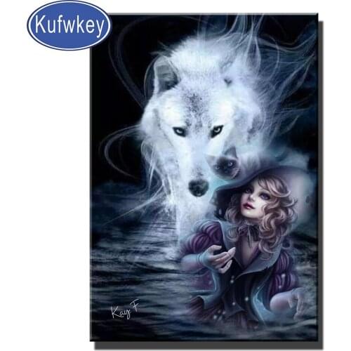 5d Diy Diamond Painting Fantasy"Wolf Cat Girl"Full Sqaure Round Drill Cross Stitch Embroidery Rhinestone Mosaic Home Decor Art