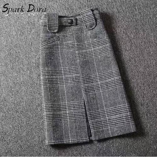 Free Shipping Skirts Womens 2020 Fashion Streetwear Fashion High Waist Split Casual Lattice Hit Color With Belt Woolen Skirts