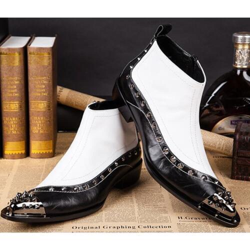 Deification Metal Pointed Toe Botas Hombre Fashion White Black Rivet Studded Militares Ankle Boots Motorcycle Mens Cowboy Boots