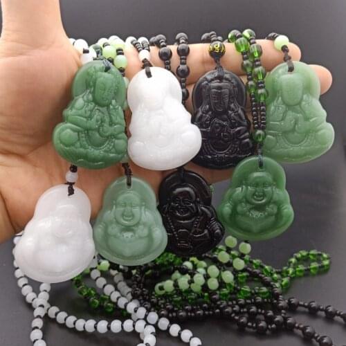 Natural Stone Buddha Pendant Necklace Women Men Unisex Chinese Carved Amulet Choker Necklaces Chain