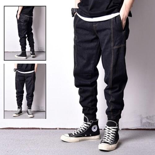Japanese Style Vintage Fashion Men Jeans Slim Fit Spliced Designer Raw Denim Cargo Pants Streetwear Hip Hop Joggers Jeans Men