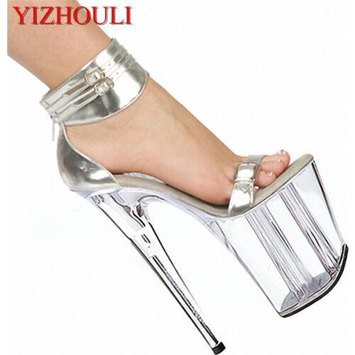 Hot-selling womens 2018 summer shoes 8 inch transparent platform thin heels shoes crystal silver wedding shoes 20cm high heels