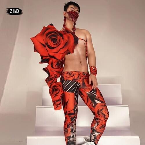 New arrival red rose Rhinestones crystal print Bodysuit Women men Stage Dance Costume party club Female Singer Show performance