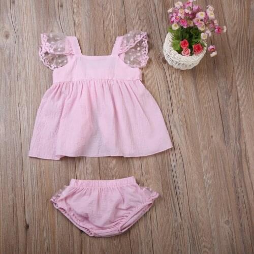 Summer Newborn Kids Baby Girl Clothes Pink Lace Bow Dress Tops and Ruffles Skirted Baby Bloomers Shorts 2PCS Outfit