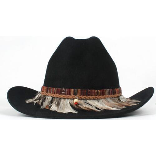 100% Wool Women Men Wool Hollow Western Cowboy Hat Gentleman Dad Roll Up Brim Black Outback Sombrero Hombre Montana Hat 57-59CM