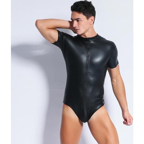 PU Leather Male Sexy Bodysuit Faux Latex Gays Men Erotic Jumpsuit Club Stage Costume