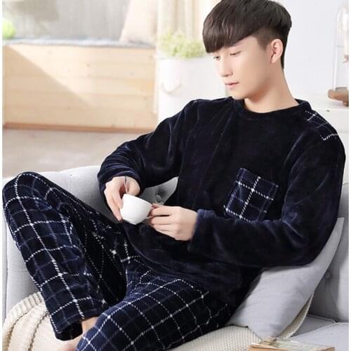 Men Flannel Pajamas Set Casual Home Clothing Winter Long Sleeve Round Neck Cartoon Mens Sleepwear Pyjamas Homme Nightclothes