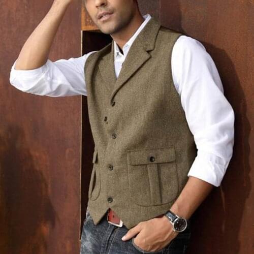 Mens suit lapel vest herringbone wool herringbone retro vest slim fit casual formal business best man for us