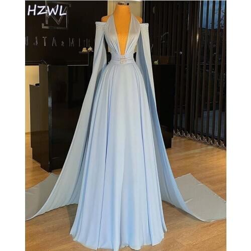 Sky Blue Halter Deep V-Neck Evening Dress A-Line Beaded Crystal Long Prom Dreses Robe De Soiree With WATTEAU Train