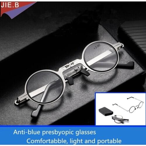 New foldable anti-blue light reading glasses female fashion round frame cat glasses, men’s portable ultra-thin reading glasses
