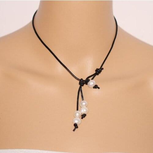 Charming Leather Pearl Necklace AA 9-10MM White Color Potato Round Natural Freshwater Pearl Necklace Real Leather Jewelry