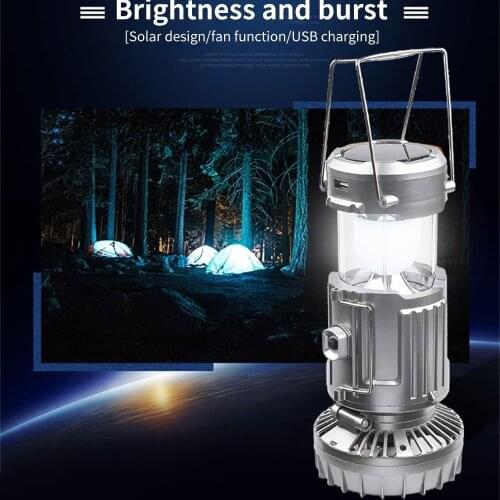 6 in 1 Portable Outdoor LED Camping Lantern With Fan Solar Charge Rechargeable Light Hanging Tent Lamp Fish Flashlight Fan Lamp