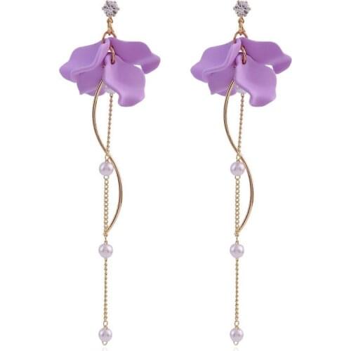 Romantic Elegant Purple Petal Tassel Earrings Fashion Jewelry For Women S925 Needle Cute Long Pearl Drop Ears