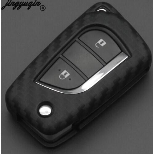 Jingyuqin Carbon Fiber Silicone Key Case Cover Remote Fob For Toyota Auris Corolla Avensis Verso Yaris Aygo Scion TC IM 2015-16