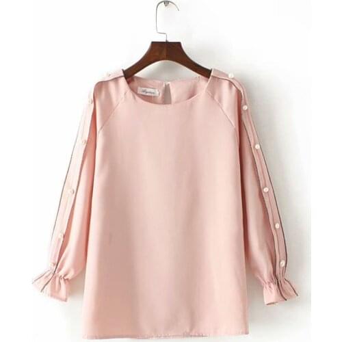 Plus size beading Flare sleeve women chiffon blouse 2019 spring summer NEW casual ladies O-neck loose shirts female white pink