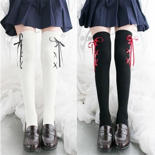 Women Lolita Stockings Spring Japanese Leggings Kawaii Anime Girl Sock Black White Over Knee Stocking Cross Ribbon Socks Cosplay