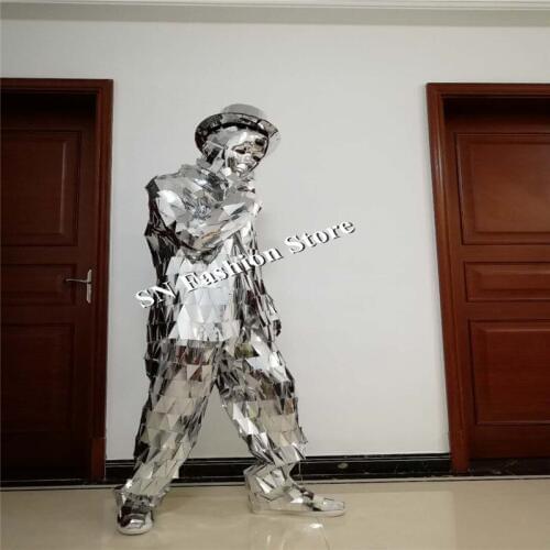 LZ19-1 Ballroom dance costumes men robot silver mirror clothes dj suit party bar performance singer disco club stage show dress