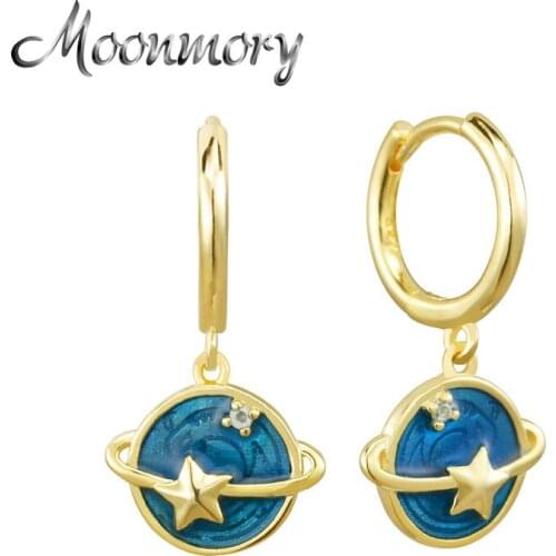 Moonmory 100% 925 Sterling Silver Star Planet Trajectory Earrings For Women Party Hoop Earrings Blue Sky Enamel Pattern Jewelry