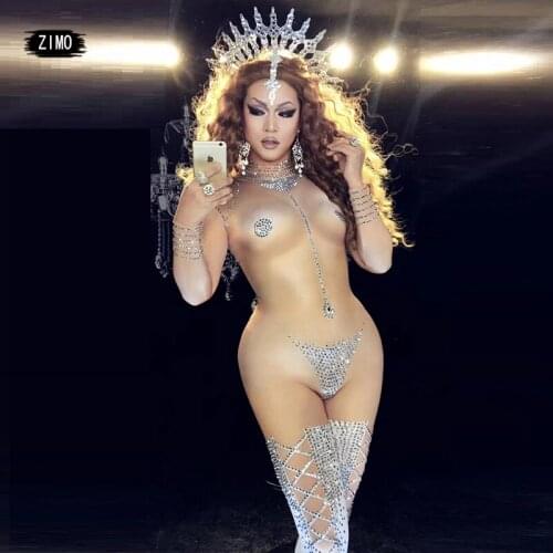 Silver Crystal Rhinestone Nude Jumpsuit Women Sexy Stretch Stage Dance Costume Nightclub Dj Ds Female Singer Show Costume Tights