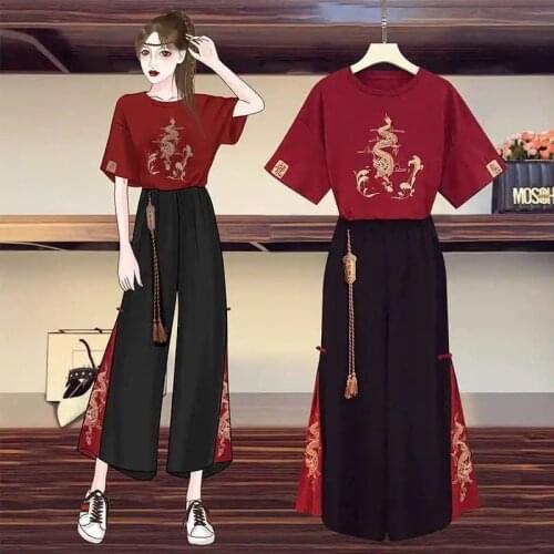 2-Piece Set Women Harajuku Tee Tops Chinese Style Oversized Casual T-Shirt Wide Leg Pants Suit New Summer Clothing Plus Size 5XL