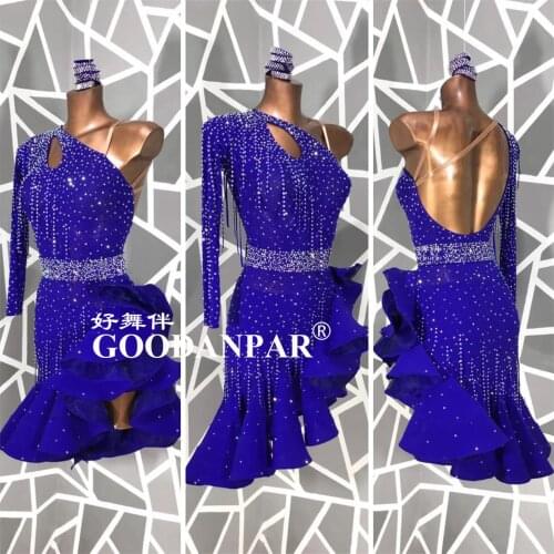 Latin dance dress lady for women latin dance costume sexyt Single shoulderlatin wear for competition sapphire blue GOODANPAR