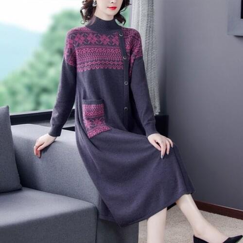 2021 Winter New Casual Print Turtleneck Wool Sweater Dress Autumn Vintage 3XL Plus Size Knitted Sweaters Elegant Women Vestidos