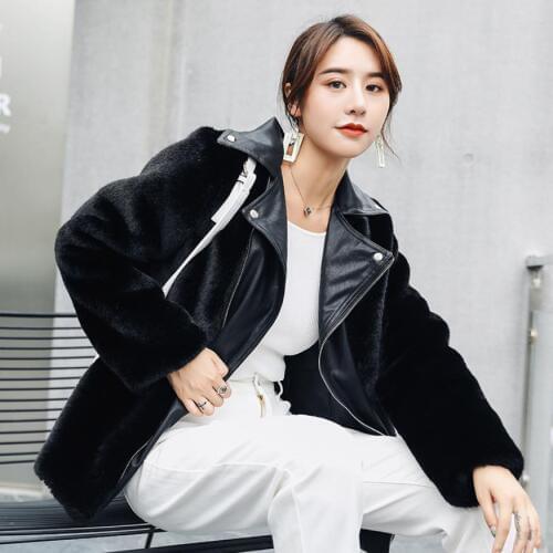 Winter womens jacket faux mink fur PU leather coat long sleeve Moto jacket female fur patchwork PU fashion slim outwear L1523