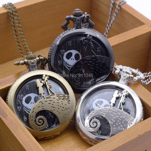 100pcs/lot Halloween Gift Nightmare before Christmas Pockt Watch Lovers Pocket Watches Sweater Chain Gift Watches