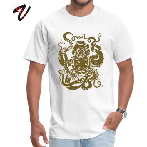 Octopus Diver T-shirt Men Heavy Metal Helmet Print T Shirts Sealife Lover Clothes Cartoon Design Cotton White Tops Tees Slim Fit
