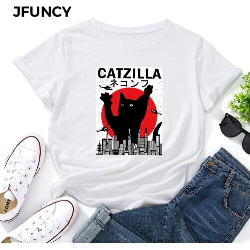 JFUNCY Plus Size Women Summer T-shirt Funny Cartoon Cat Graphic Print Tees Short Sleeve Woman Tshirt 100%cotton Female Pink Tops