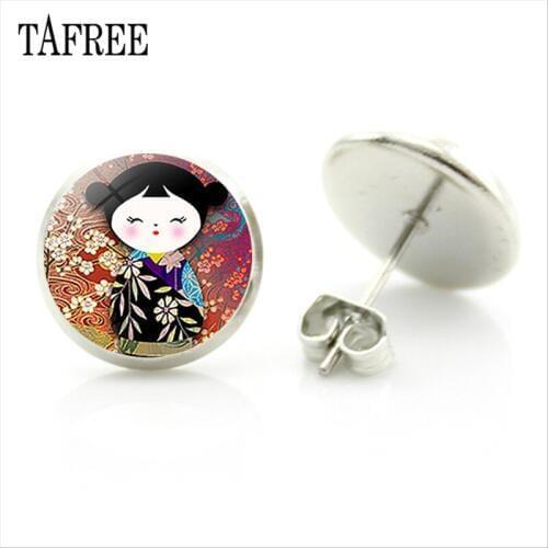 TAFREE Classic Matryoshka Dolls Stud Earrings Japan Russian Nesting Doll Earrings Glass Cabochon Ear Jewelry for Women Gril JN05