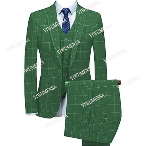 Tailor-Made Green Plaid Slim Fit Men Suits Groomsman Blazers 3 Pieces Notch Lapel Bridegroom Tuxedos For Wedding/Prom Party Gown