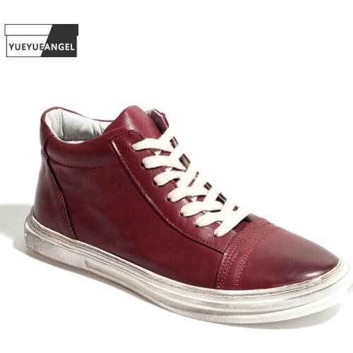 Fashion Mens High Top Sneakers Vintage Lace Up Genuine Leather Casual Shoes Outside Man Joggers Trainers Platform Active Shoes