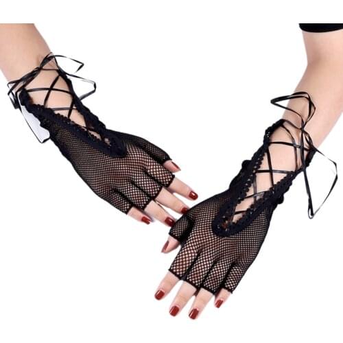 Women Wrist Length Punk Sexy Half Finger Gloves Solid Color Hollow Out Fishnet Criss Cross Lace Up Bandage Mittens Dancing Party