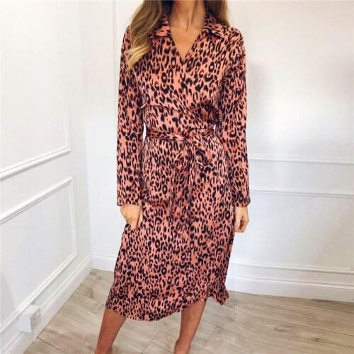 Women Leopard Dress Sexy Bandage Party Long Dresses Vintage Long Sleeve Beach Sundress Fashion High Waist Tie Female Shirt Skirt