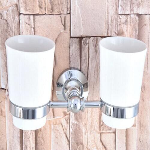 Polished Chrome Brass Double Toothbrush Holder With Ceramic Cup Wall Mounted Bathroom Accessories aba798