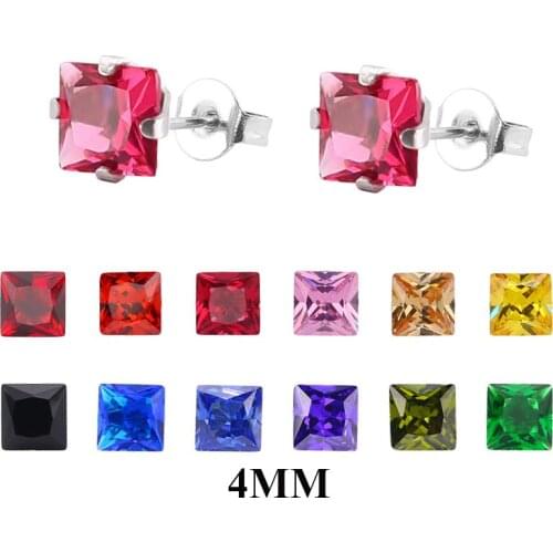 Simple 16 Color 4mm AAA Colorful Zircon Square Stud Earrings Stainless Steel Earrings Women Rings Jewelry