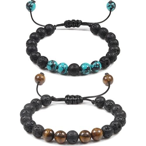 Handmade Adjustable Rope Braided Bracelets Women Men Natural Tiger Eye Volcanic Lava Stone Beaded Charm Couples Bracelet Jewelry