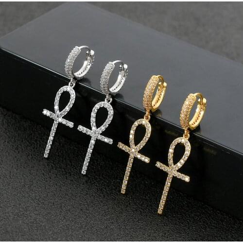 1 Pair Cubic Zirconia Bling Iced Cross Earring Gold Silver Color Copper Material Earrings for Men Women Hip Hop Rock Jewelry