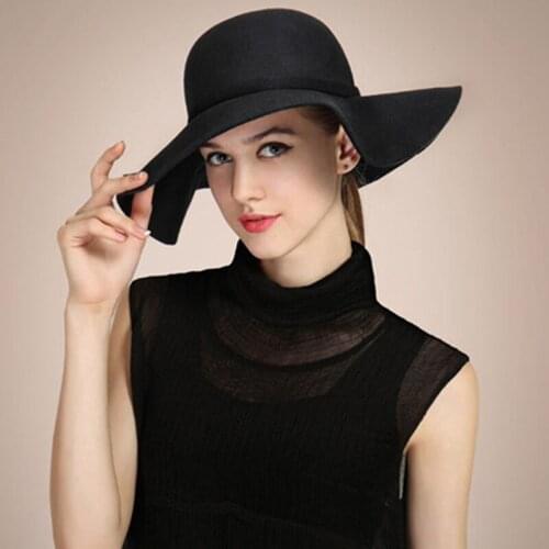 Woolen Women Hat Felt Fedoras Hats Female Lady Classic Solid Color Wide Brim Flat Top Cap Pink Bucket Hat Spring Summer 2021
