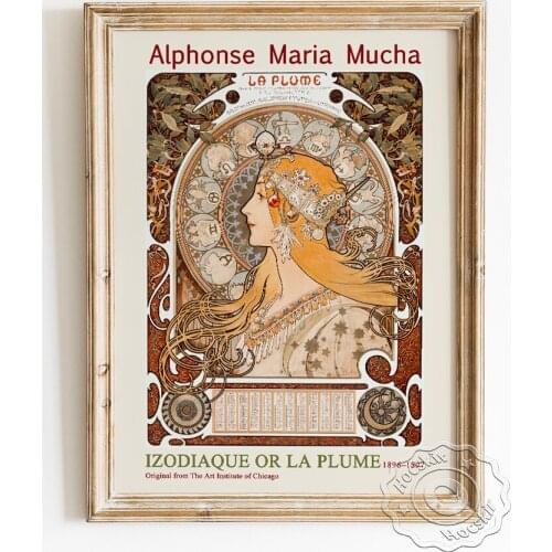 Alphonse Maria Mucha Exhibition Museum Poster, Zodiaque Or La Plume Vintage Art Canvas Painting, Elegance Gorgeous Wall Decor